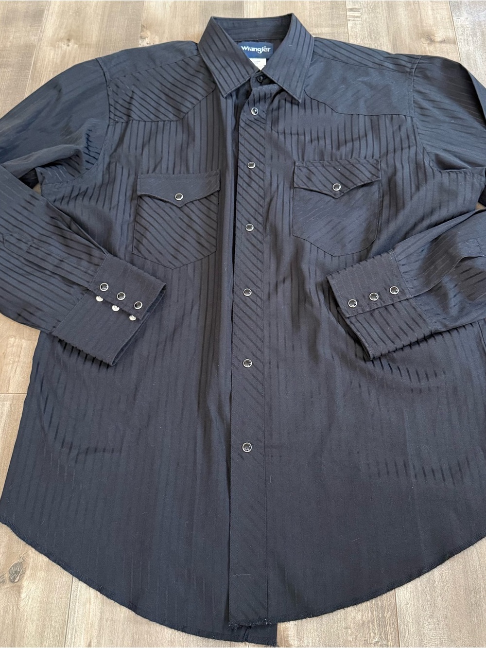 Vintage Wrangler Black Pearl Snap Shirt Stripe Men Large Western Cowboy Rodeo